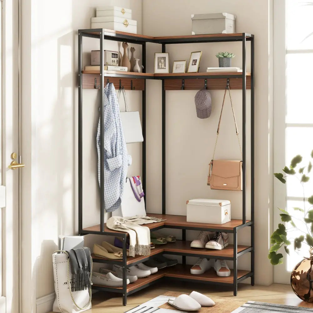Corner Garment Rack with Open Shelves and 7 Hooks Shoe Bench-Walnut - Walnut - Clothing & Closet Storage