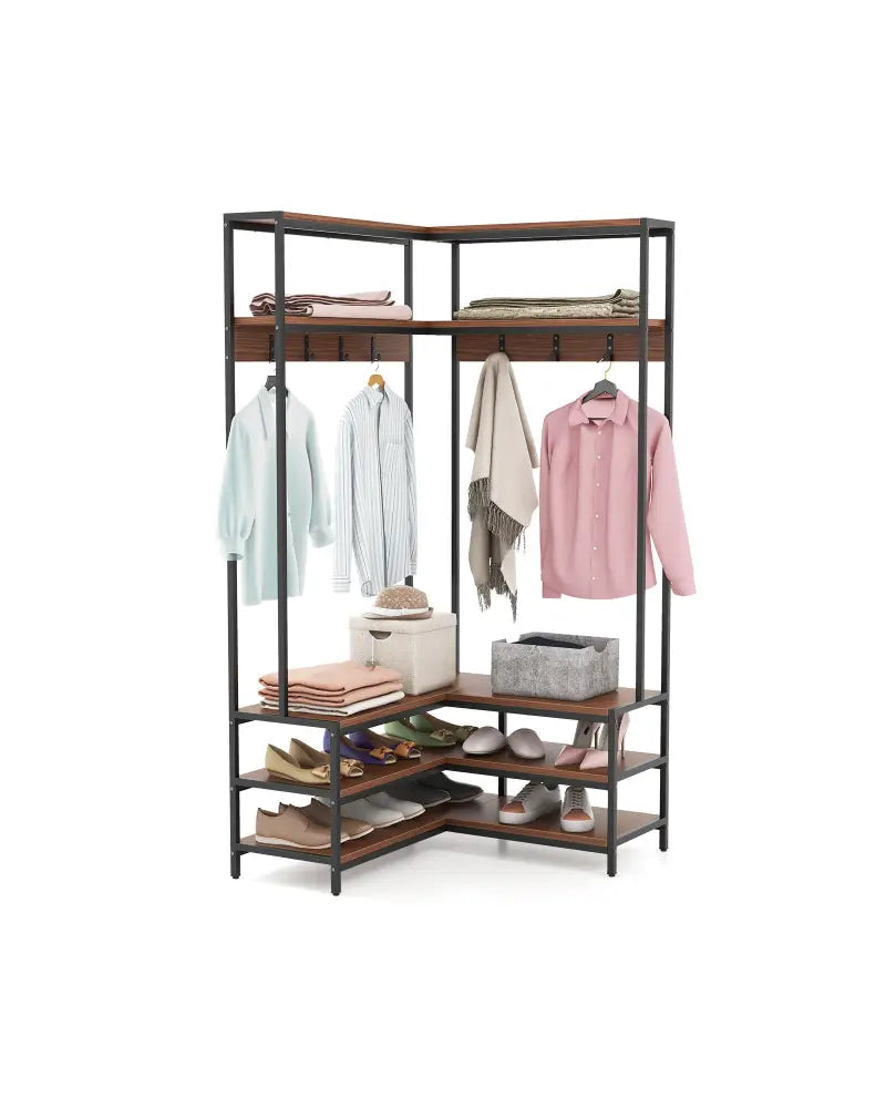 Corner Garment Rack with Open Shelves and 7 Hooks Shoe Bench-Walnut - Walnut - Clothing & Closet Storage