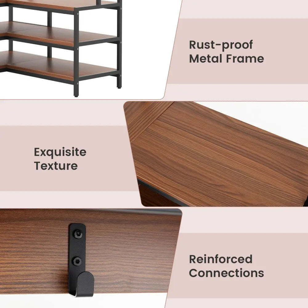 Corner Garment Rack with Open Shelves and 7 Hooks Shoe Bench-Walnut - Walnut - Clothing & Closet Storage