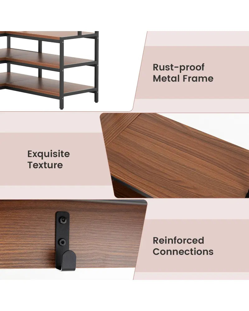 Corner Garment Rack with Open Shelves and 7 Hooks Shoe Bench-Walnut - Walnut - Clothing & Closet Storage