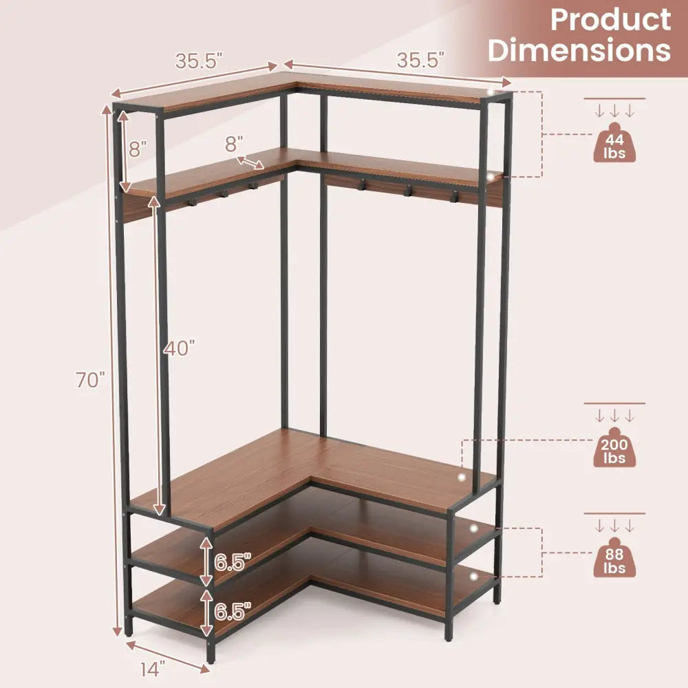 Corner Garment Rack with Open Shelves and 7 Hooks Shoe Bench-Walnut - Walnut - Clothing & Closet Storage