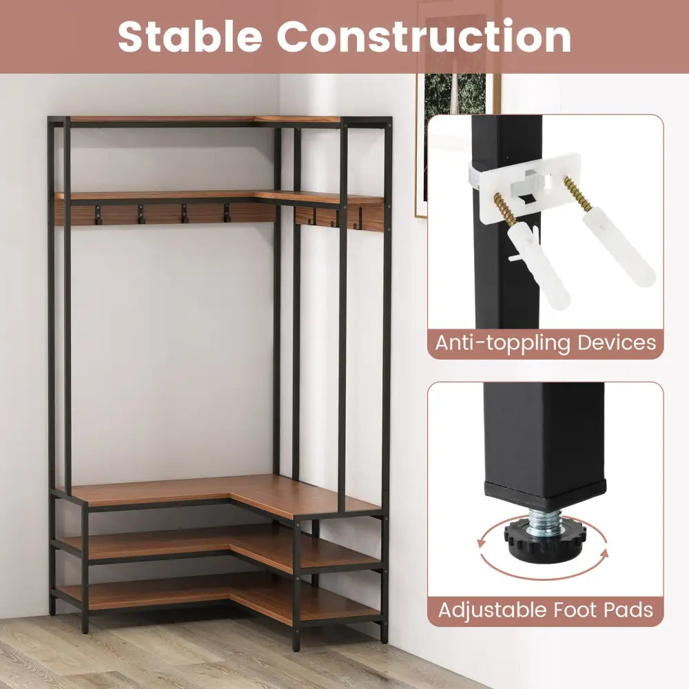 Corner Garment Rack with Open Shelves and 7 Hooks Shoe Bench-Walnut - Walnut - Clothing & Closet Storage