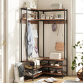 Corner Garment Rack with Open Shelves and 7 Hooks Shoe Bench-Walnut - Walnut - Clothing & Closet Storage