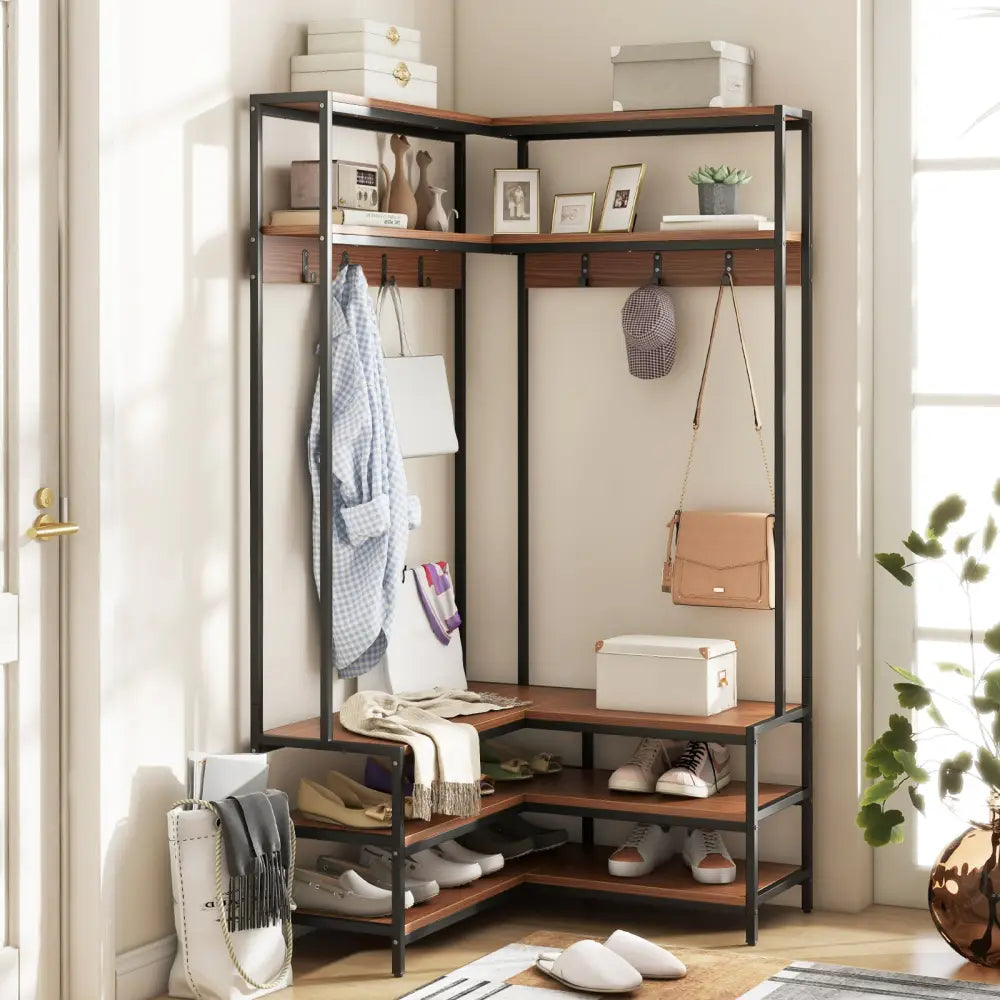 Corner Garment Rack with Open Shelves and 7 Hooks Shoe Bench-Walnut - Walnut - Clothing & Closet Storage