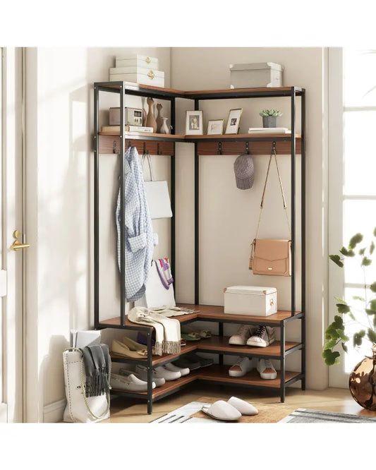Corner Garment Rack with Open Shelves and 7 Hooks Shoe Bench-Walnut - Walnut - Clothing & Closet Storage