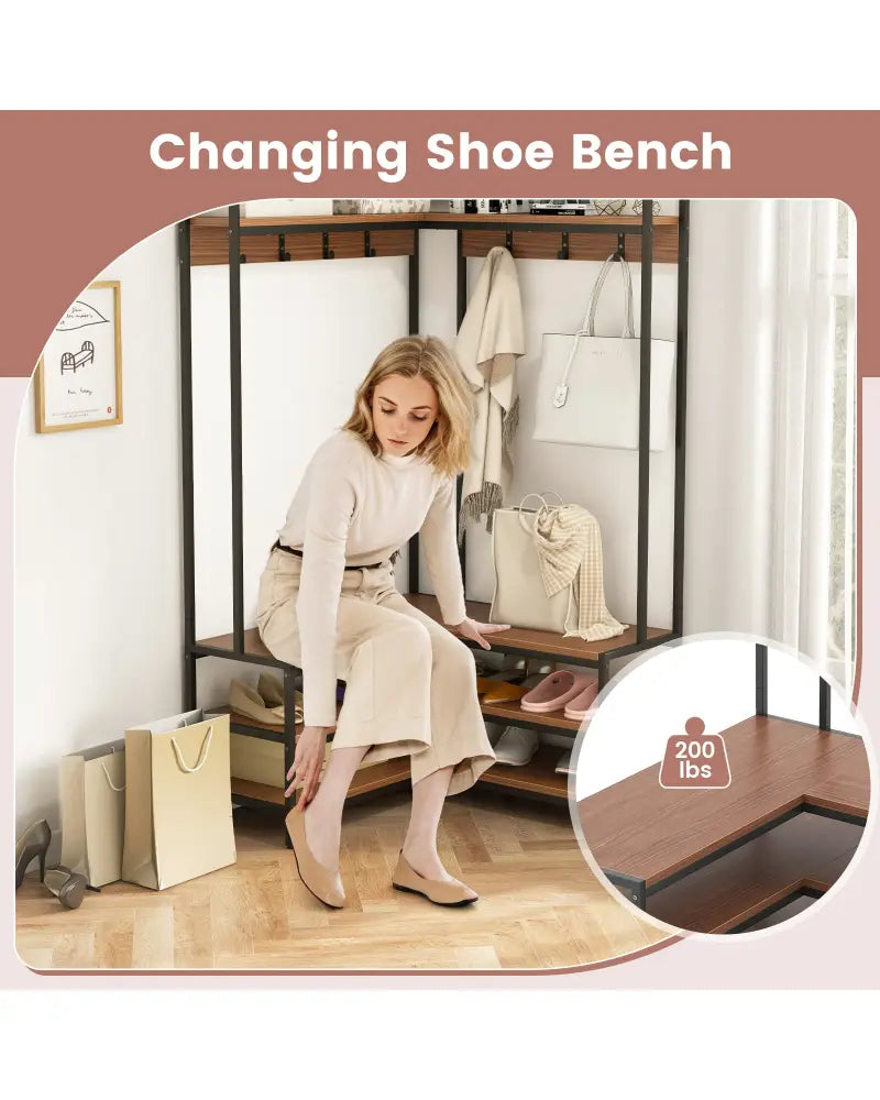 Corner Garment Rack with Open Shelves and 7 Hooks Shoe Bench-Walnut - Walnut - Clothing & Closet Storage