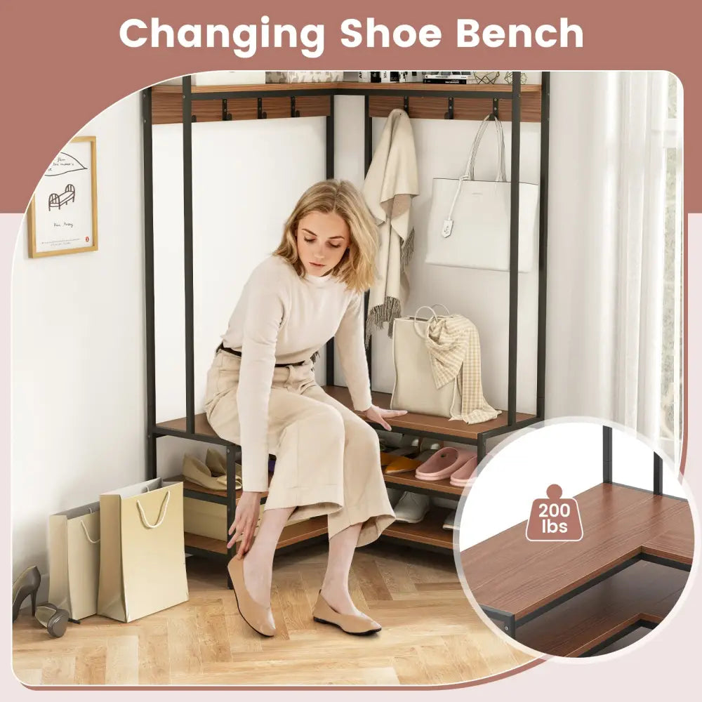 Corner Garment Rack with Open Shelves and 7 Hooks Shoe Bench-Walnut - Walnut - Clothing & Closet Storage