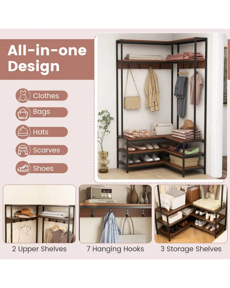 Corner Garment Rack with Open Shelves and 7 Hooks Shoe Bench-Walnut - Walnut - Clothing & Closet Storage