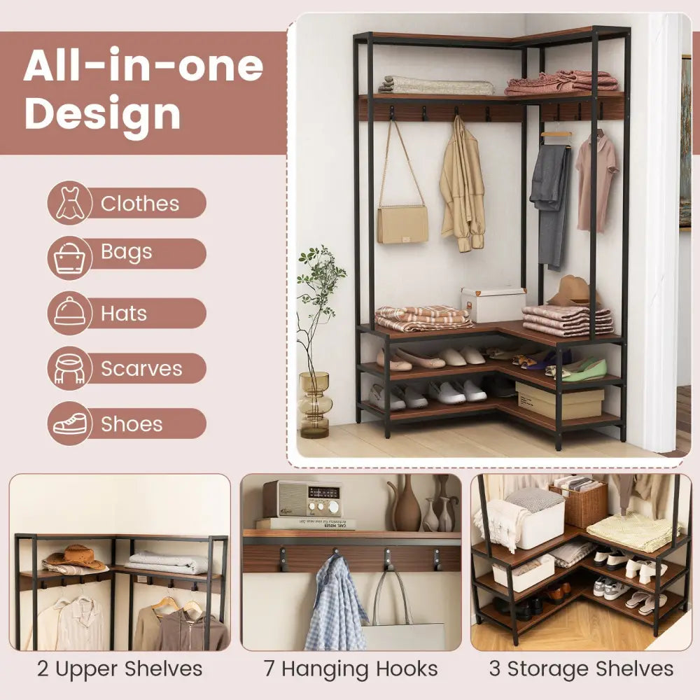 Corner Garment Rack with Open Shelves and 7 Hooks Shoe Bench-Walnut - Walnut - Clothing & Closet Storage