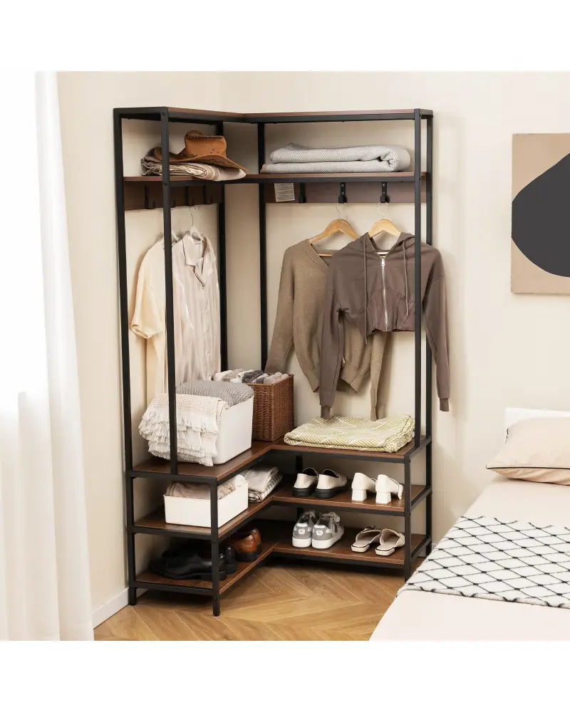 Corner Garment Rack with Open Shelves and 7 Hooks Shoe Bench-Walnut - Walnut - Clothing & Closet Storage