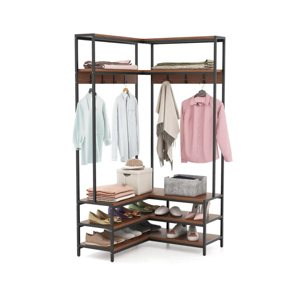 Corner Garment Rack with Open Shelves and 7 Hooks Shoe Bench-Walnut - Walnut - Clothing & Closet Storage