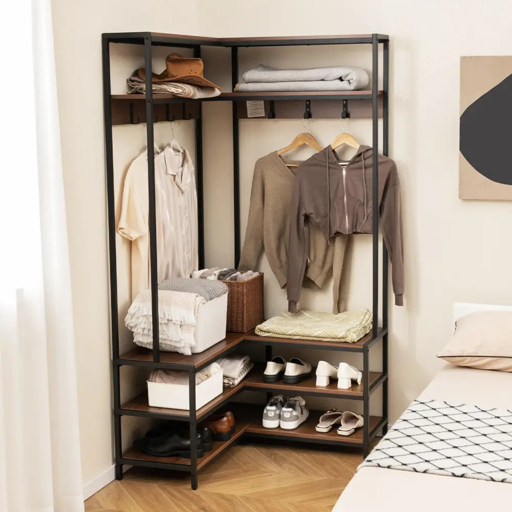 Corner Garment Rack with Open Shelves and 7 Hooks Shoe Bench-Walnut - Walnut - Clothing & Closet Storage