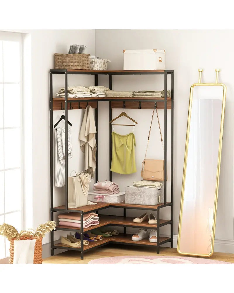 Corner Garment Rack with Open Shelves and 7 Hooks Shoe Bench-Walnut - Walnut - Clothing & Closet Storage