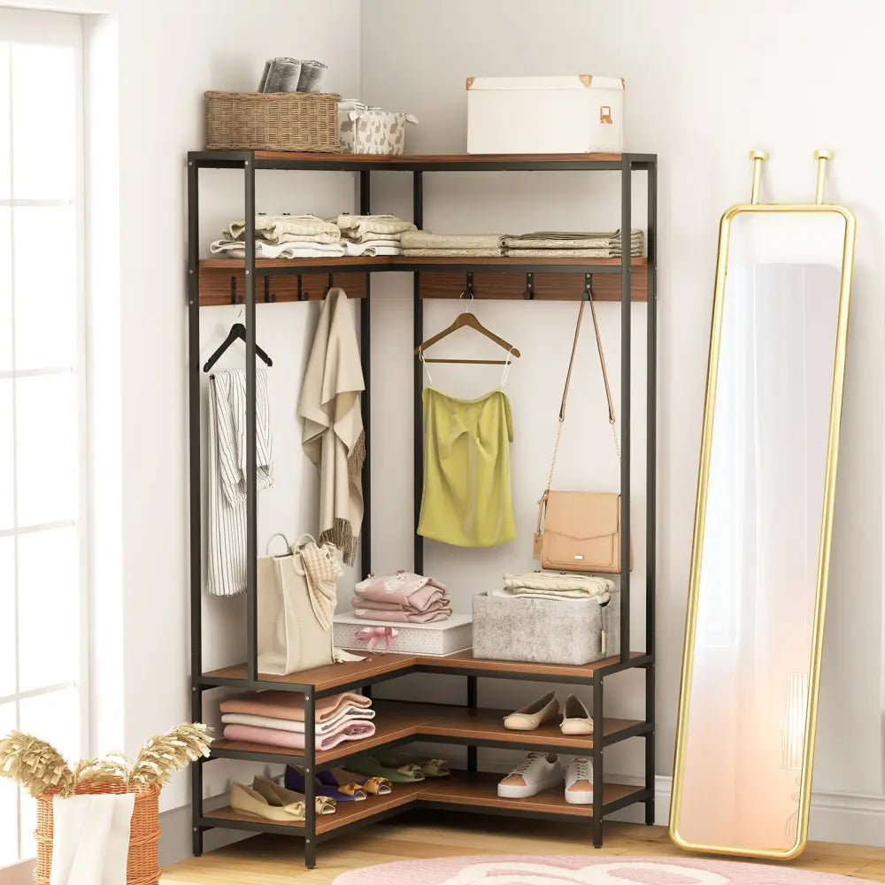 Corner Garment Rack with Open Shelves and 7 Hooks Shoe Bench-Walnut - Walnut - Clothing & Closet Storage