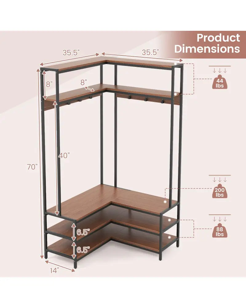 Corner Garment Rack with Open Shelves and 7 Hooks Shoe Bench-Walnut - Walnut - Clothing & Closet Storage