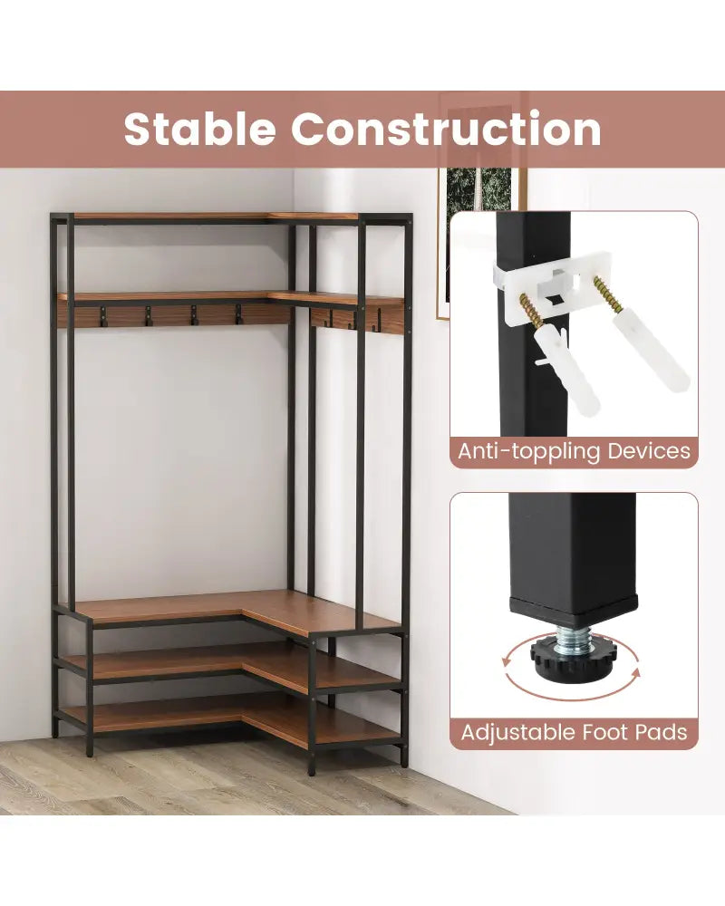 Corner Garment Rack with Open Shelves and 7 Hooks Shoe Bench-Walnut - Walnut - Clothing & Closet Storage