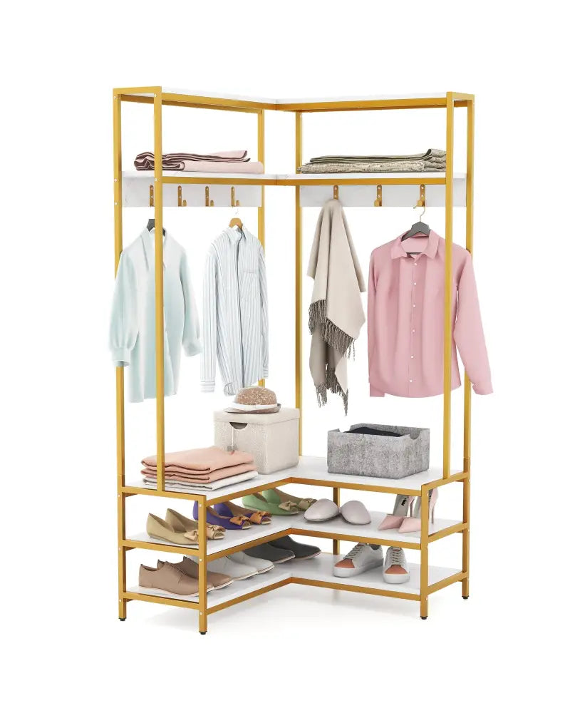 Corner Garment Rack with Open Shelves and 7 Hooks Shoe Bench-White - White - Clothing & Closet Storage