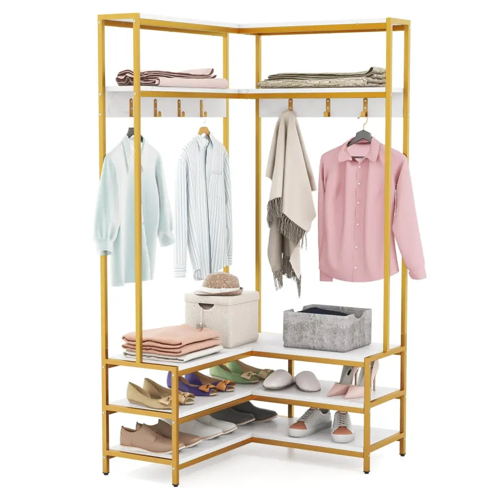 Corner Garment Rack with Open Shelves and 7 Hooks Shoe Bench-White - White - Clothing & Closet Storage