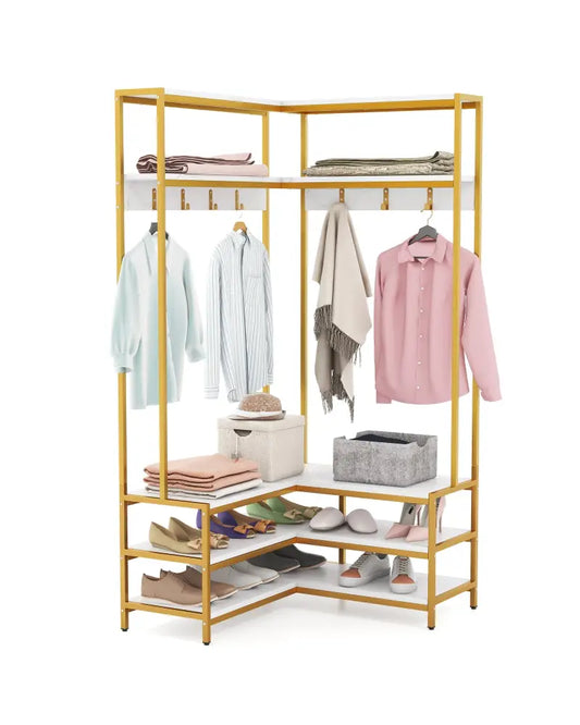 Corner Garment Rack with Open Shelves and 7 Hooks Shoe Bench-White - White - Clothing & Closet Storage