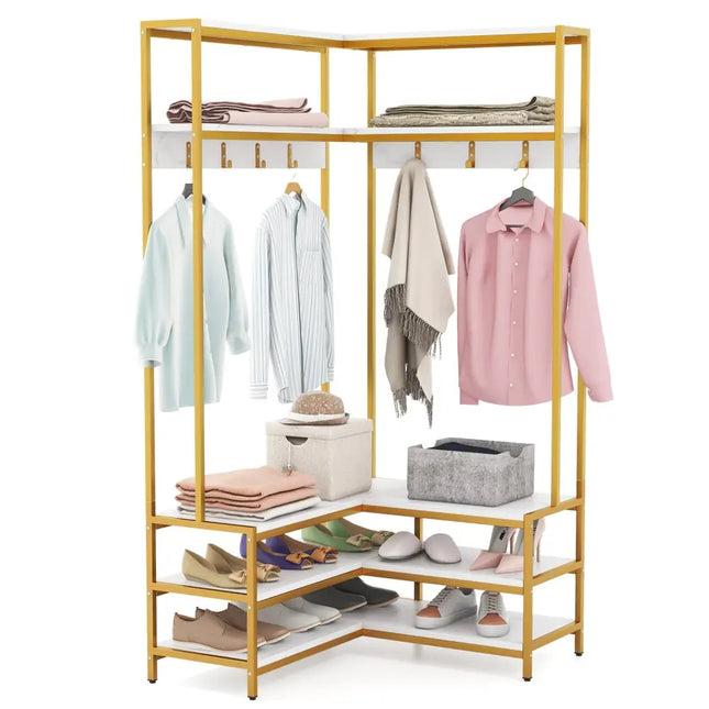 Corner Garment Rack with Open Shelves and 7 Hooks Shoe Bench-White - White - Clothing & Closet Storage