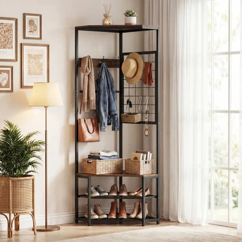 Corner Hall Tree Freestanding Coat Rack with Storage Shelves Removable Hooks-Brown - Brown - Coat Racks & Hall Trees