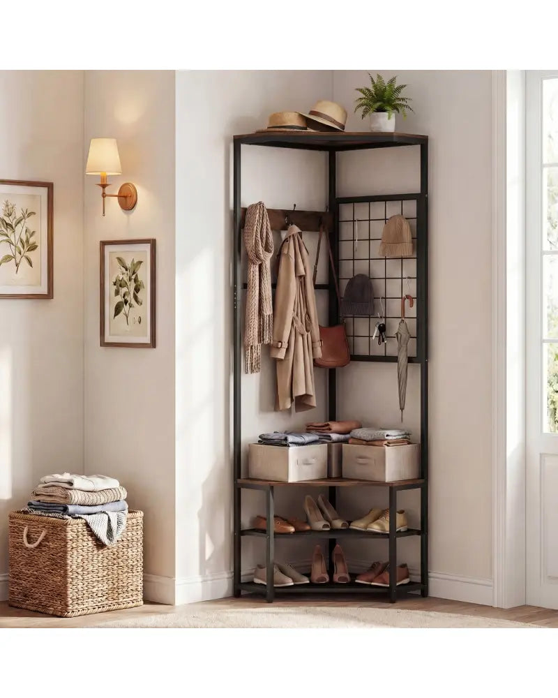 Corner Hall Tree Freestanding Coat Rack with Storage Shelves Removable Hooks-Brown - Brown - Coat Racks & Hall Trees