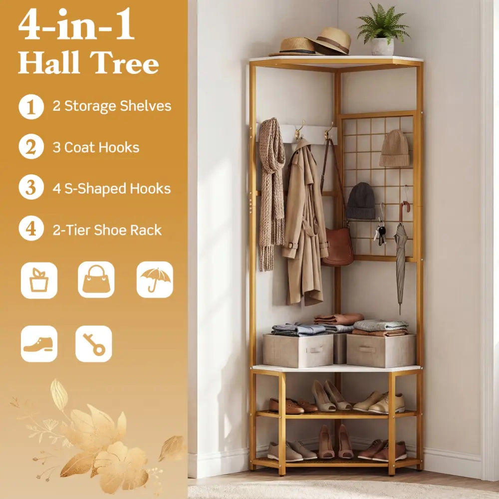 Corner Hall Tree Freestanding Coat Rack with Storage Shelves Removable Hooks-White - White - Coat Racks & Hall Trees