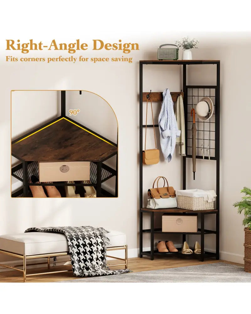 Corner Hall Tree Freestanding Coat Rack with Storage Shelves Removable Hooks-Brown - Brown - Coat Racks & Hall Trees
