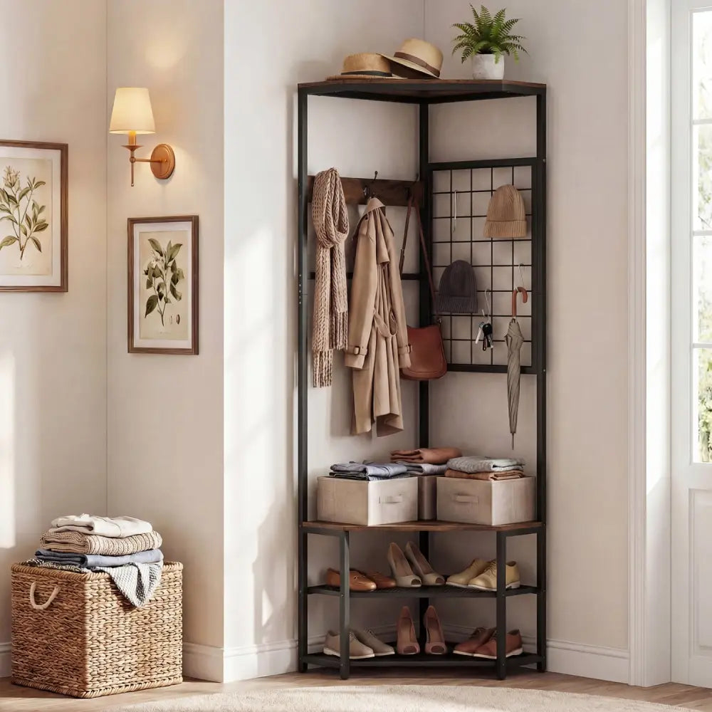 Corner Hall Tree Freestanding Coat Rack with Storage Shelves Removable Hooks-Brown - Brown - Coat Racks & Hall Trees