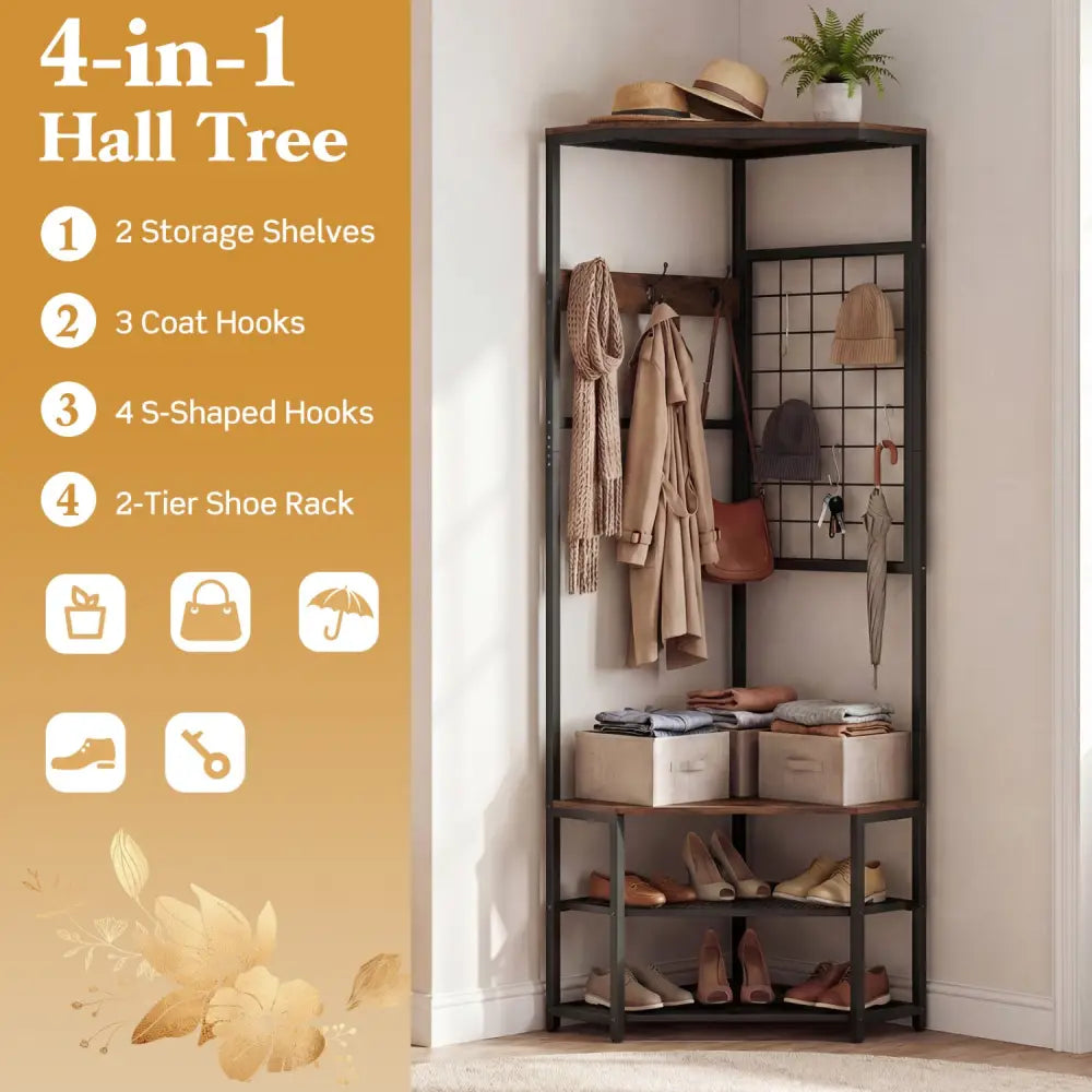 Corner Hall Tree Freestanding Coat Rack with Storage Shelves Removable Hooks-Brown - Brown - Coat Racks & Hall Trees