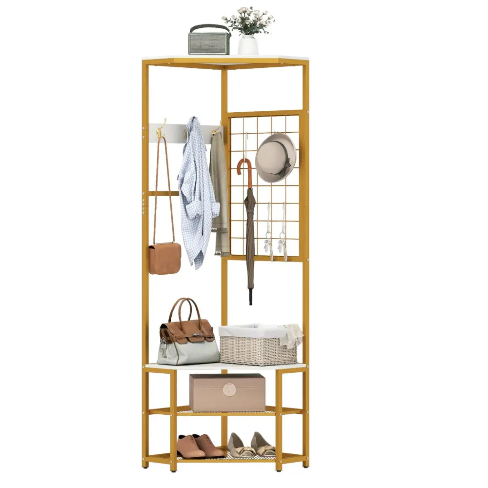 Corner Hall Tree Freestanding Coat Rack with Storage Shelves Removable Hooks-White - White - Coat Racks & Hall Trees