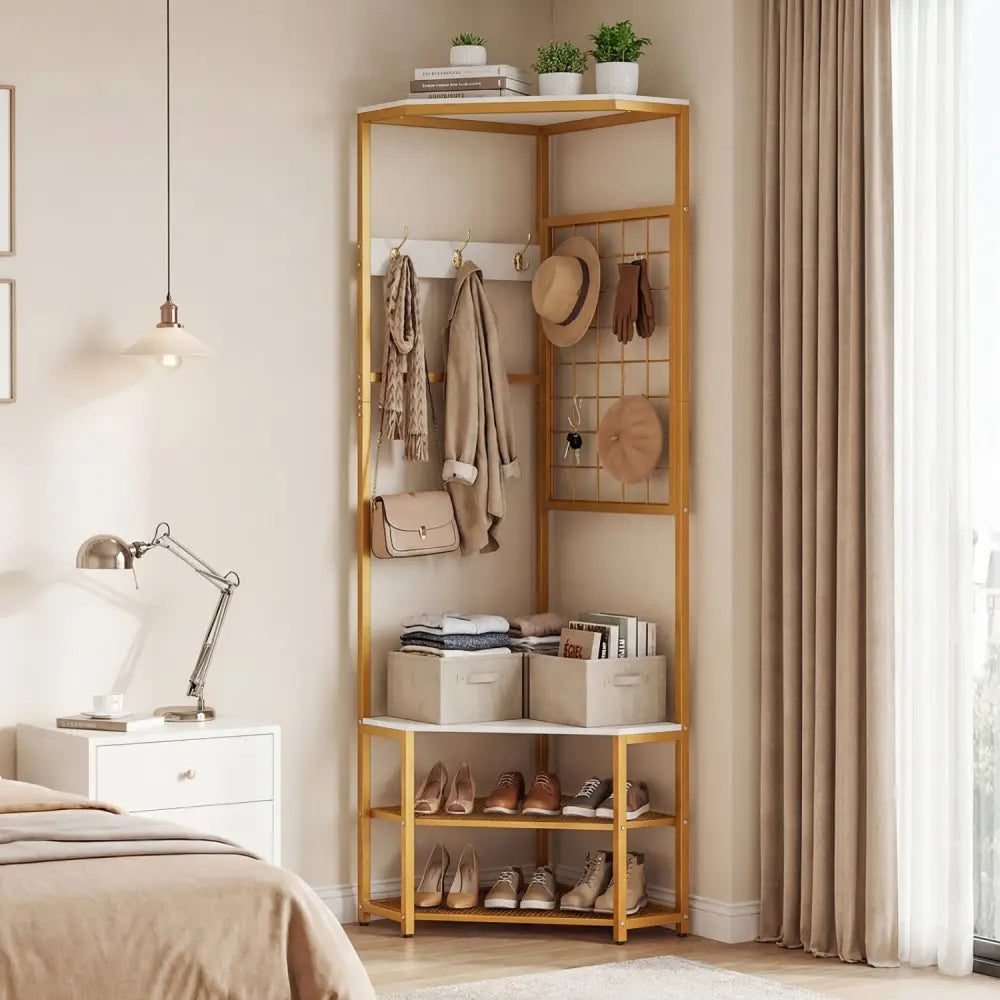 Corner Hall Tree Freestanding Coat Rack with Storage Shelves Removable Hooks-White - White - Coat Racks & Hall Trees