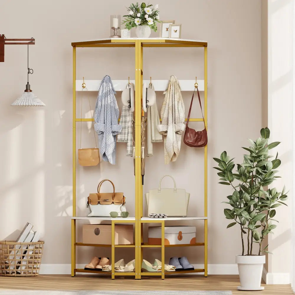 Corner Hall Tree Freestanding Coat Rack with Storage Shelves Removable Hooks-White - White - Coat Racks & Hall Trees