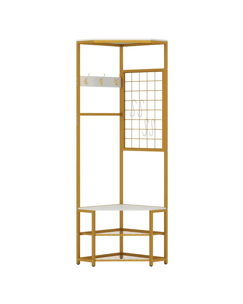 Corner Hall Tree Freestanding Coat Rack with Storage Shelves Removable Hooks-White - White - Coat Racks & Hall Trees