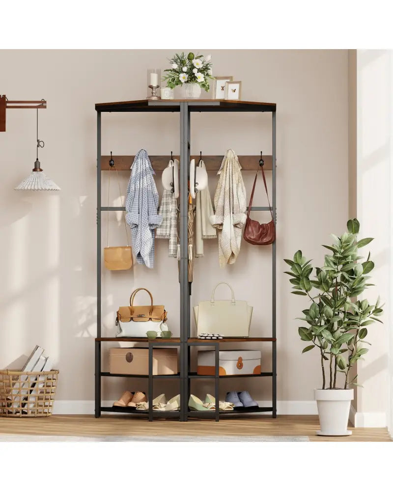 Corner Hall Tree Freestanding Coat Rack with Storage Shelves Removable Hooks-Brown - Brown - Coat Racks & Hall Trees