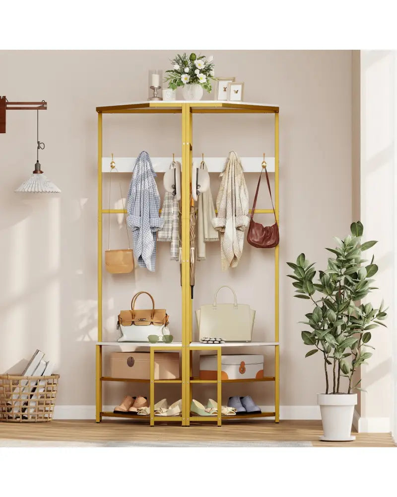 Corner Hall Tree Freestanding Coat Rack with Storage Shelves Removable Hooks-White - White - Coat Racks & Hall Trees