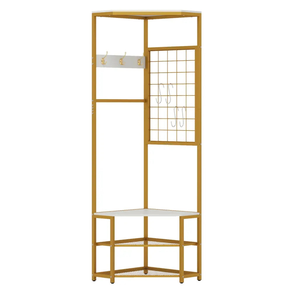 Corner Hall Tree Freestanding Coat Rack with Storage Shelves Removable Hooks-White - White - Coat Racks & Hall Trees