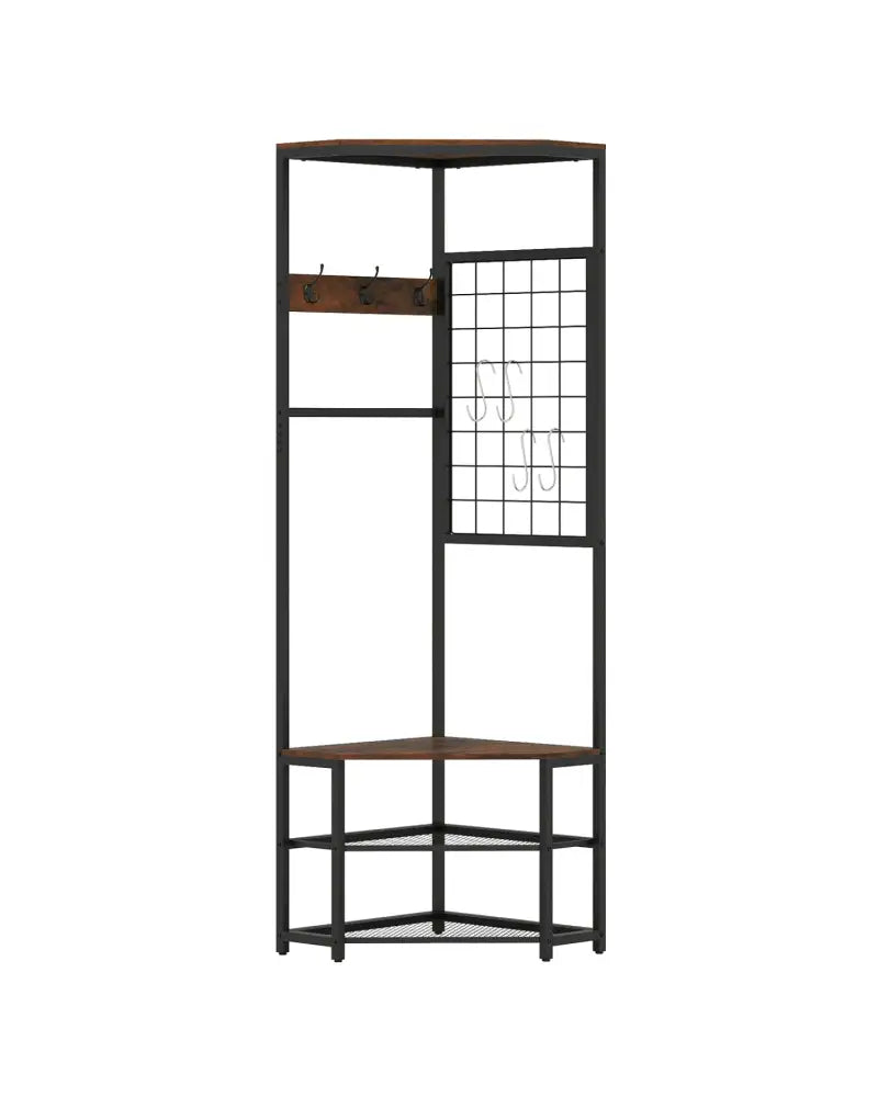 Corner Hall Tree Freestanding Coat Rack with Storage Shelves Removable Hooks-Brown - Brown - Coat Racks & Hall Trees