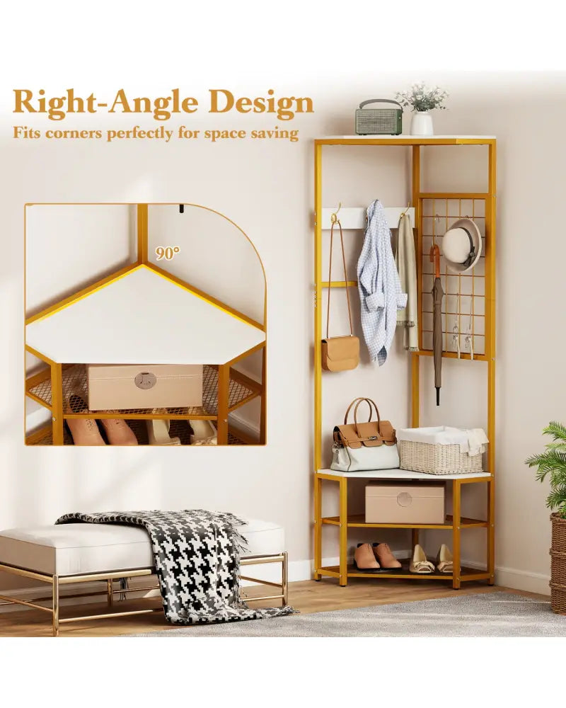 Corner Hall Tree Freestanding Coat Rack with Storage Shelves Removable Hooks-White - White - Coat Racks & Hall Trees