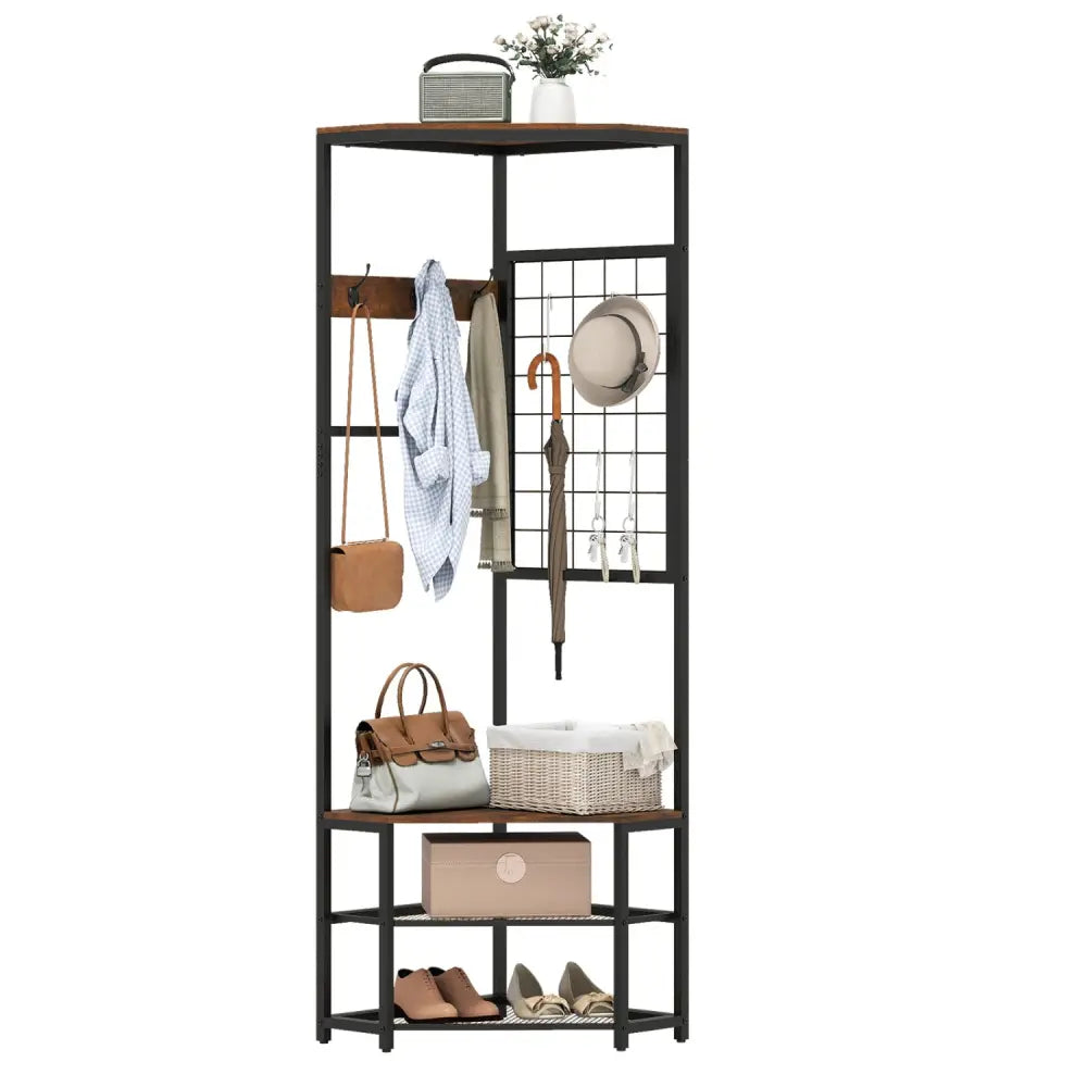 Corner Hall Tree Freestanding Coat Rack with Storage Shelves Removable Hooks-Brown - Brown - Coat Racks & Hall Trees