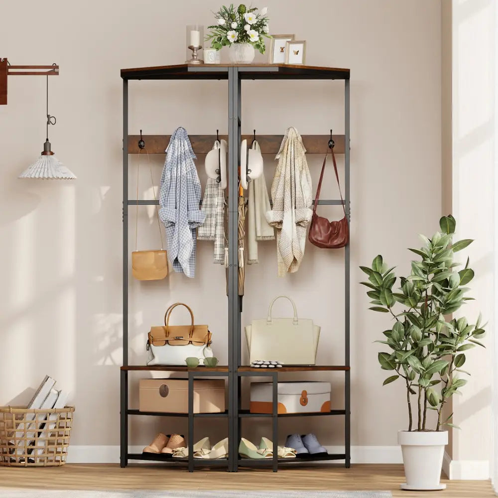 Corner Hall Tree Freestanding Coat Rack with Storage Shelves Removable Hooks-Brown - Brown - Coat Racks & Hall Trees