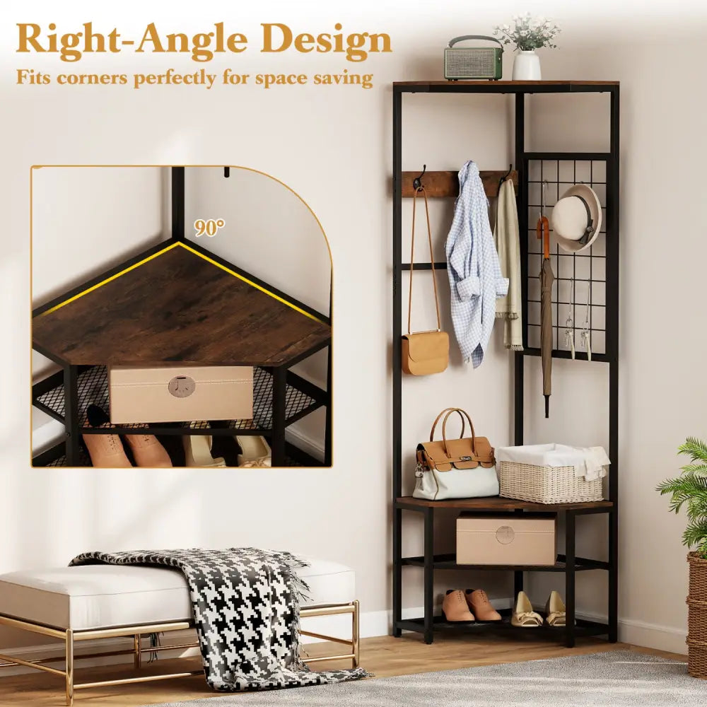 Corner Hall Tree Freestanding Coat Rack with Storage Shelves Removable Hooks-Brown - Brown - Coat Racks & Hall Trees