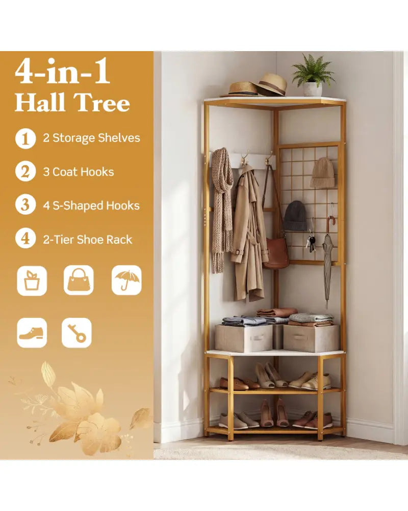 Corner Hall Tree Freestanding Coat Rack with Storage Shelves Removable Hooks-White - White - Coat Racks & Hall Trees