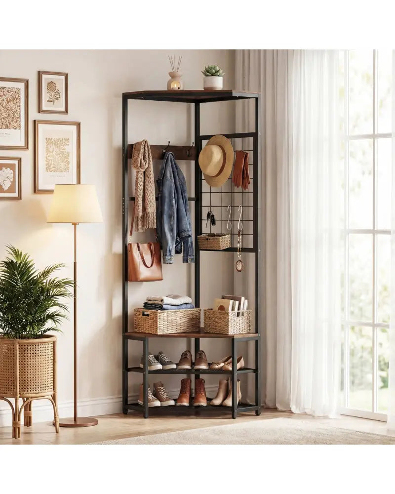 Corner Hall Tree Freestanding Coat Rack with Storage Shelves Removable Hooks-Brown - Brown - Coat Racks & Hall Trees