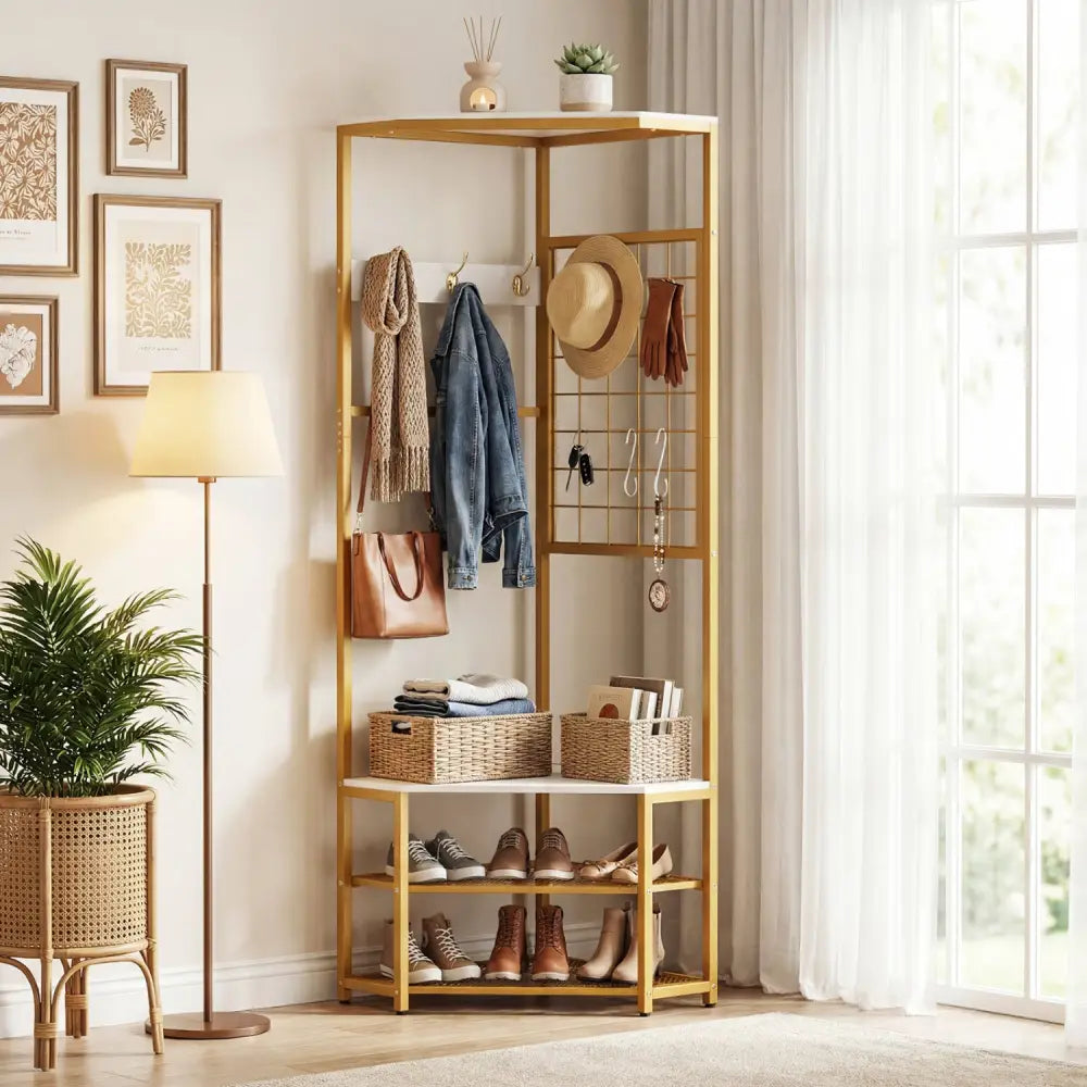 Corner Hall Tree Freestanding Coat Rack with Storage Shelves Removable Hooks-White - White - Coat Racks & Hall Trees