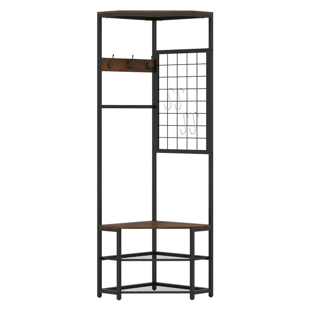 Corner Hall Tree Freestanding Coat Rack with Storage Shelves Removable Hooks-Brown - Brown - Coat Racks & Hall Trees