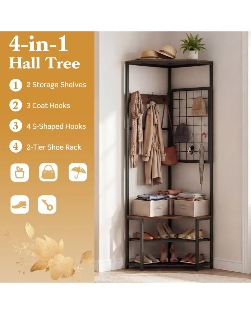 Corner Hall Tree Freestanding Coat Rack with Storage Shelves Removable Hooks-Brown - Brown - Coat Racks & Hall Trees
