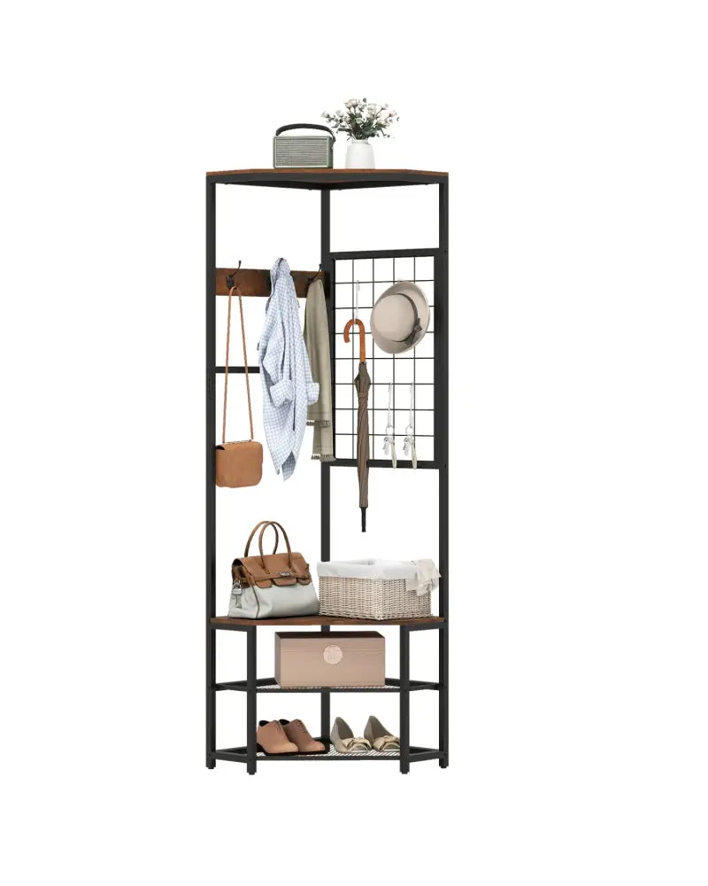 Corner Hall Tree Freestanding Coat Rack with Storage Shelves Removable Hooks-Brown - Brown - Coat Racks & Hall Trees