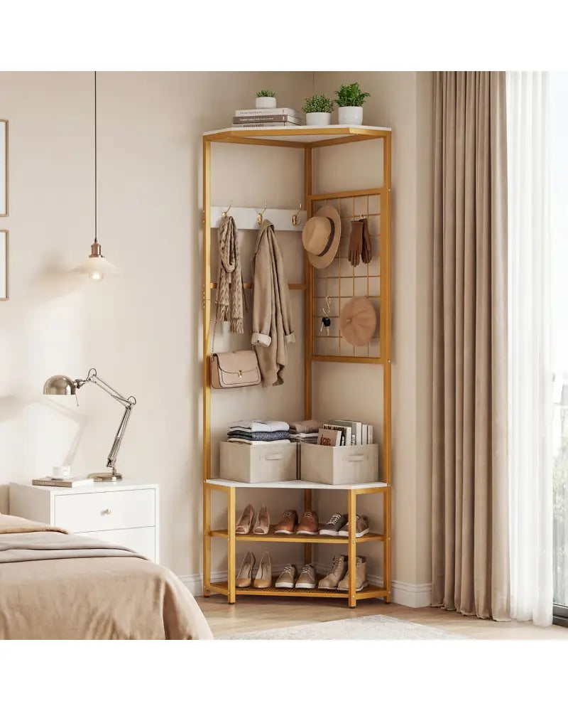 Corner Hall Tree Freestanding Coat Rack with Storage Shelves Removable Hooks-White - White - Coat Racks & Hall Trees
