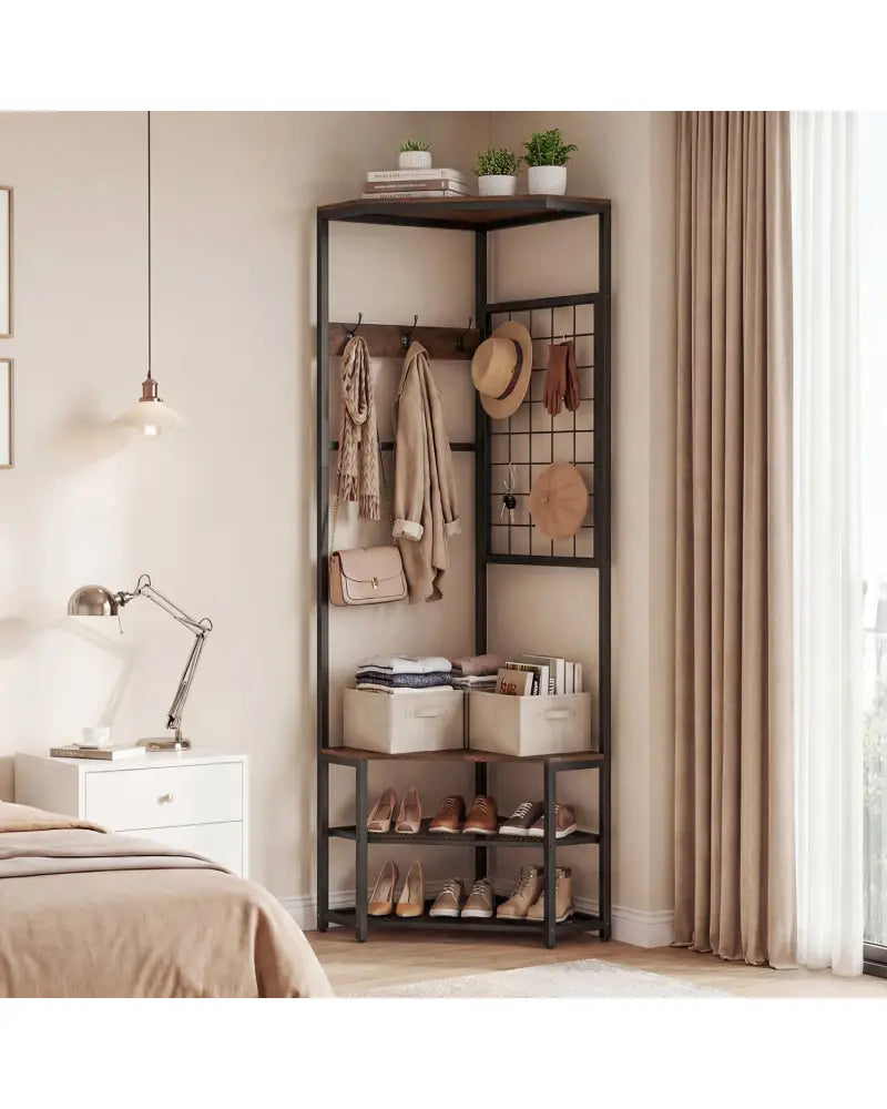 Corner Hall Tree Freestanding Coat Rack with Storage Shelves Removable Hooks-Brown - Brown - Coat Racks & Hall Trees
